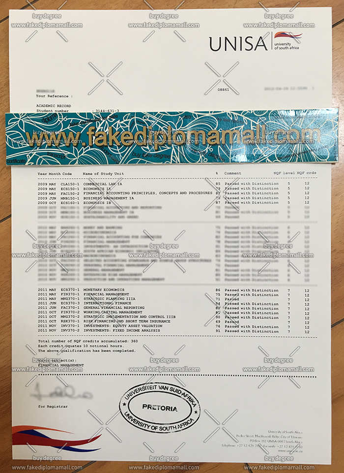 University of South Africa transcript